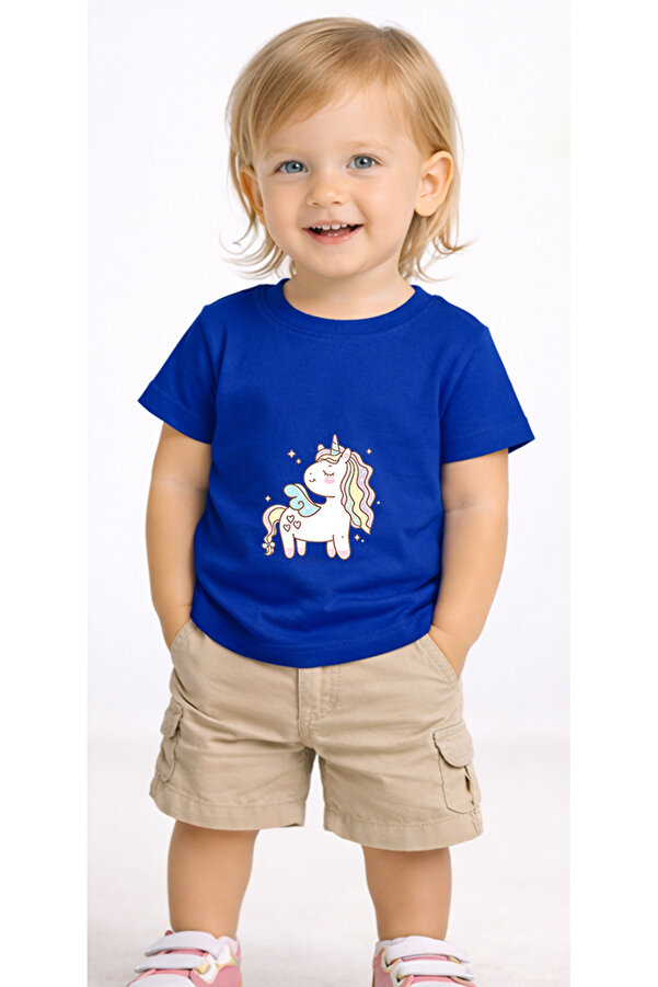 petite pati Mavi Unicornrainbow Bebek Tişört %100 Pamuk Penye Çocuk Tshirt Baskılı