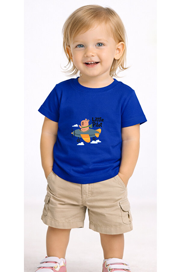 petite pati Mavi Littlepilot Bebek Tişört %100 Pamuk Penye Çocuk Tshirt Baskılı