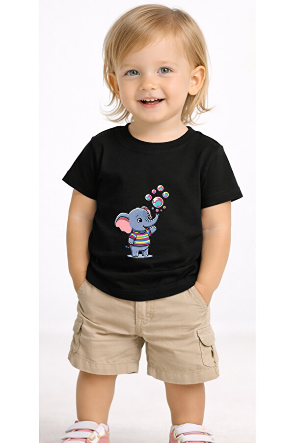 petite pati Siyah Fillbubble Bebek Tişört %100 Pamuk Penye Çocuk Tshirt Baskılı