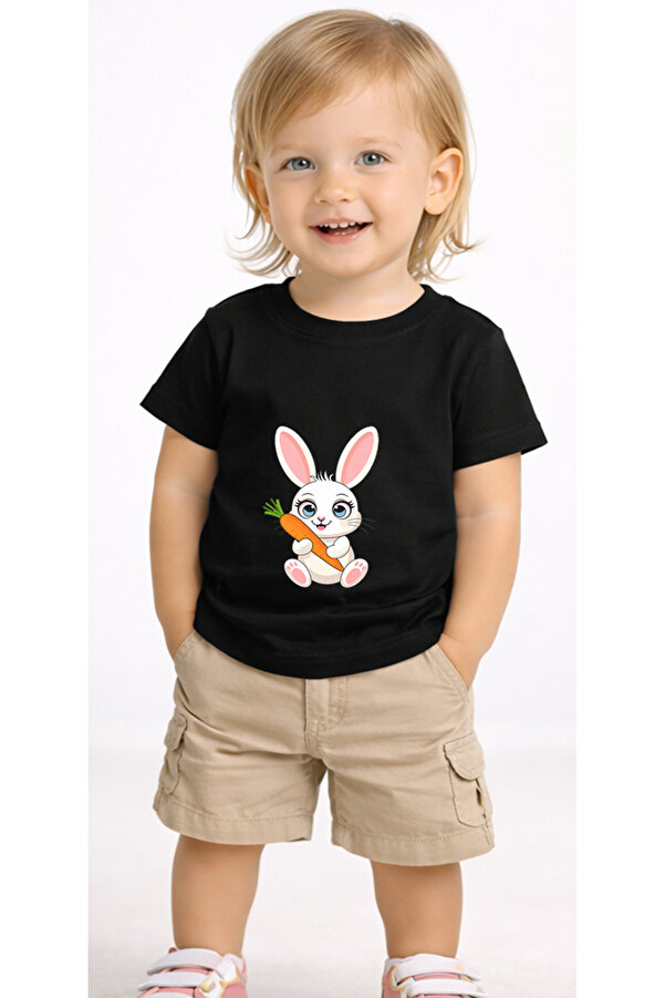 petite pati Siyah Bunnycarrot Bebek Tişört %100 Pamuk Penye Çocuk Tshirt Baskılı