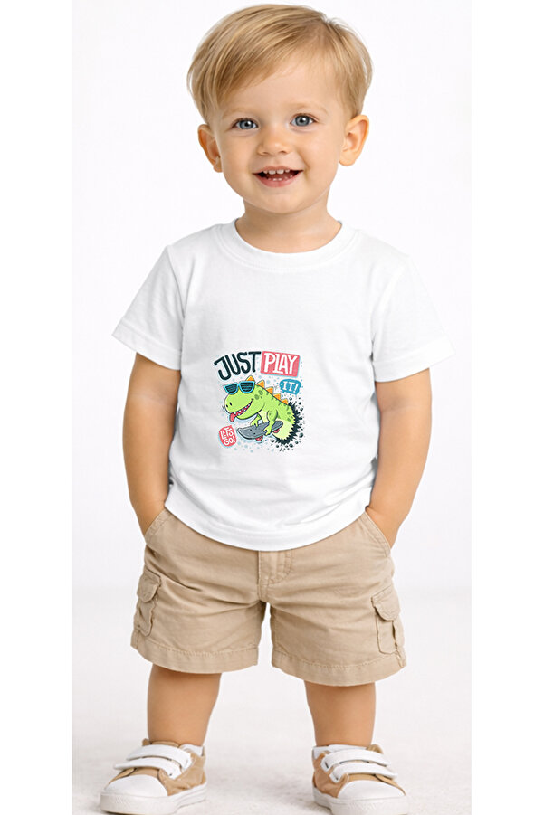 petite pati Beyaz Playdino Bebek Tişört %100 Pamuk Penye Çocuk Tshirt Baskılı