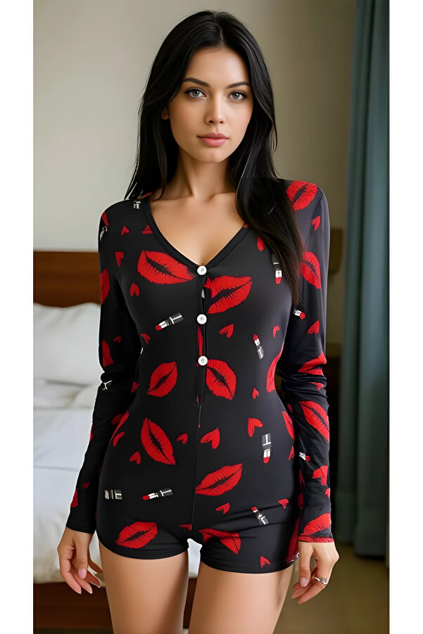 pilelistore Luna Lora Red Kiss Pamuklu Kırmızı Ruj ve Öpücük Desenli Düğmeli Uzun Kol Tulum Pijama