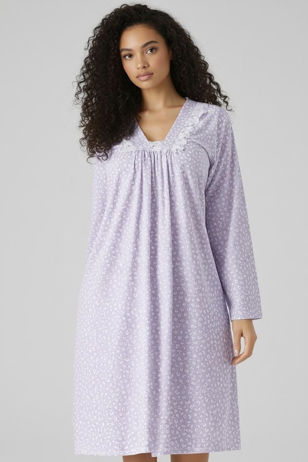 YASAR UNDERWEAR Women's Long Sleeve Lace Detailed Nightgown Relaxed Fit Daily Home Dress