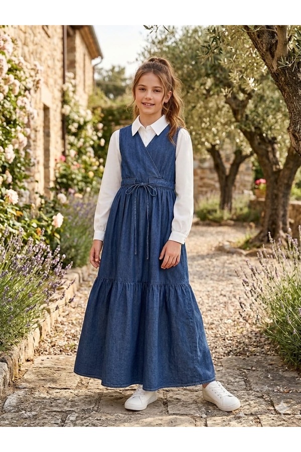 hisarpretty Kız Çocuk Denim Jile Elbise ve Gömlek Takımı - İki Parça