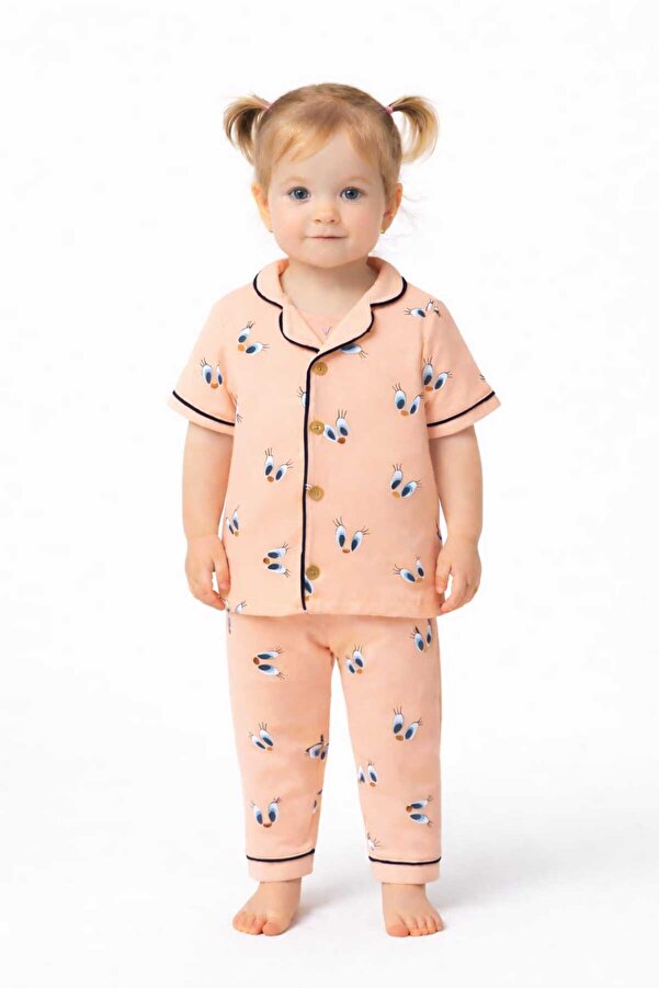 derin baby %100 Pamuk Kısa Kollu Düğmeli Yazlık Kız Erkek Unisex Tweety Bebek Çocuk Pijama Takımı