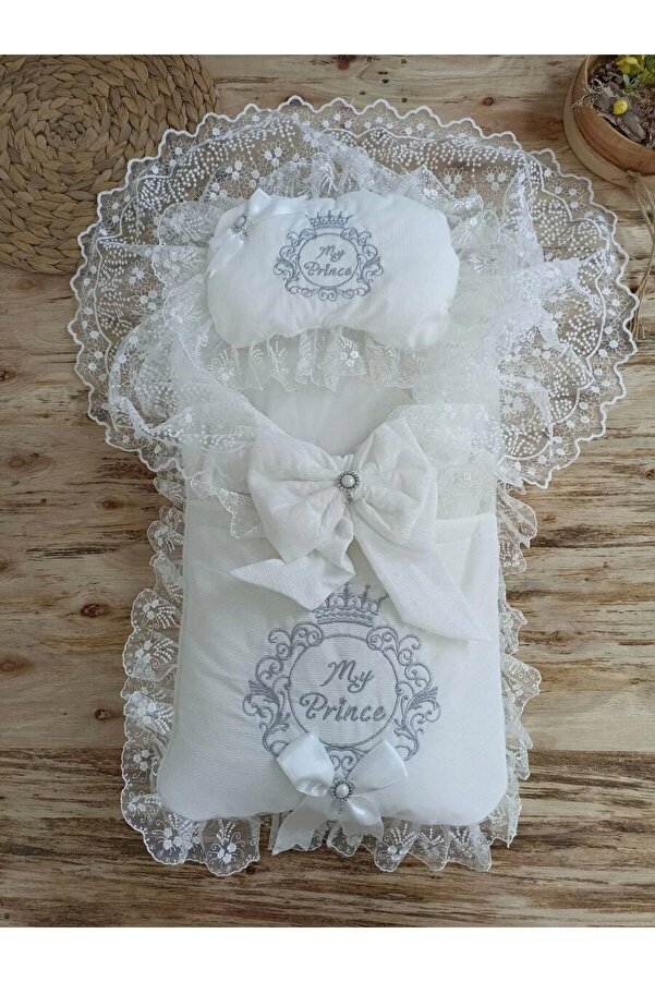 Dua Giyim Yenidoğan Nil Taç Nakışlı Hayal Güpürlü Trilüks Kundak Bebek Battaniyesi 3lü Alt Açma Seti Gri