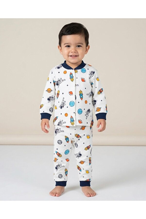 Ege Bebek Erkek Çocuk Çıtçıtlı Astronot Baskılı 0-6 Yaş %100 Pamuklu Mevsimlik Gecelik Pijama Takımı