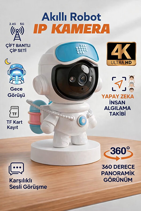 EXENAR Akıllı Robot IP Kamera 4K Ultra HD 2MP 360° DöneN Gece Görüşlü Smart Wifi Ev Çocuk Güvenlik Kamerası