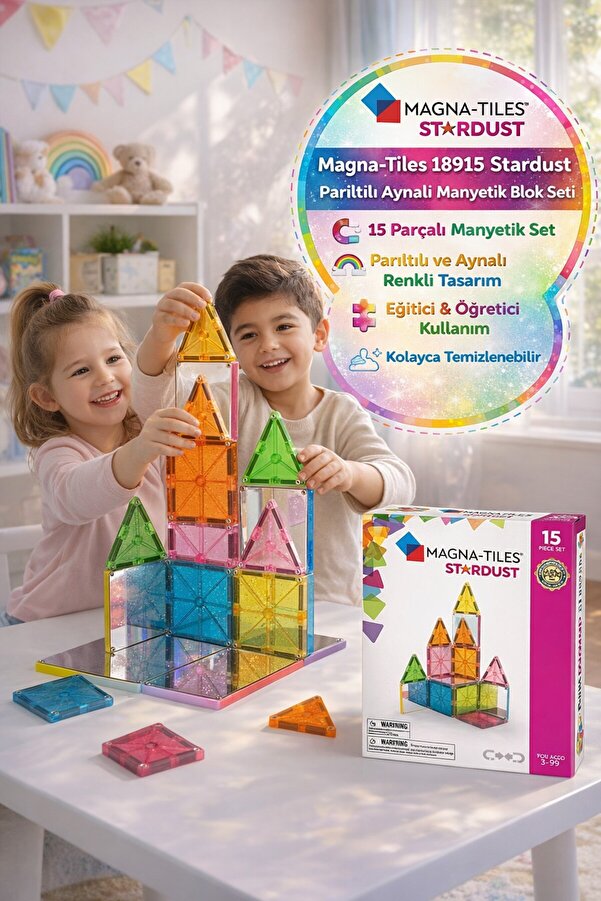 TOYFEST Magna-Tiles Stardust 15'li Parıltılı Aynalı Manyetik Blok Seti Çok Renkli Oyuncak 18915