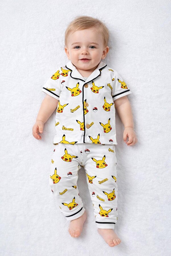 derin baby %100 Pamuklu Kısa Kollu Düğmeli Yazlık Kız Erkek Unisex Pikachu Desenli Bebek Çocuk Pijama Takımı