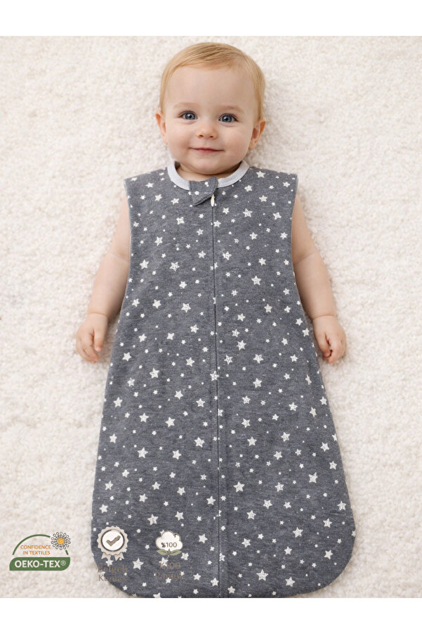 Mommyslab 0-4 Ay Yeni Sezon Renkli Gri Yıldız Desenli Çıtçıtlı Fermuarlı Tulum Kundak (OEKO TEX CIF BELGELİ)
