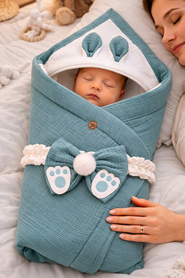 Tomuycuk 4 Kat Müslin Yeşil Bebek Battaniyesi %100 Pamuklu Doğal Organik Uyku Kundağı Hastane Çıkışı