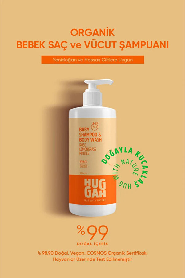 Huggah Organik Bebek Saç ve Vücut Şampuanı(2in1) 320ml–Hassas Cilt-Göz Yakmayan-Konak Karşıtı-Kolay Tarama