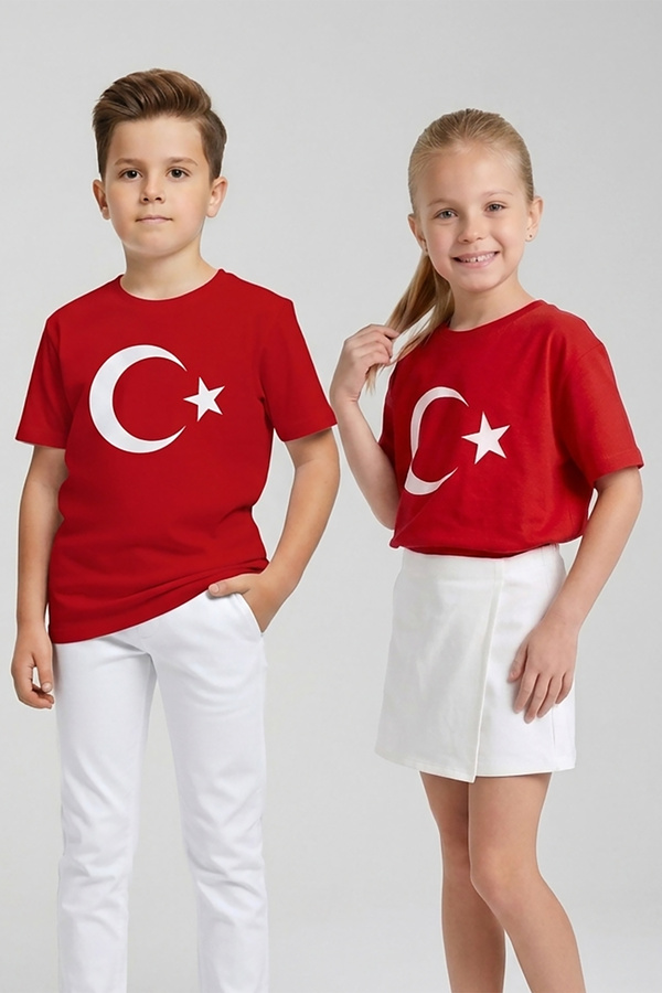 DMB BOYS & GIRLS Ay Yıldız Türk Bayrak Baskılı Pamuklu 23 Nisan Erkek Ve Kız Çocuk T-shirt