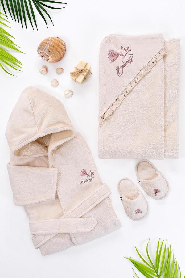 Sitilin Kız Erkek Bebek Unisex Lüks Bornoz Takımı  Havlu Seti % 100 Pamuk Kumaş 0- 2 Yaş STL6579