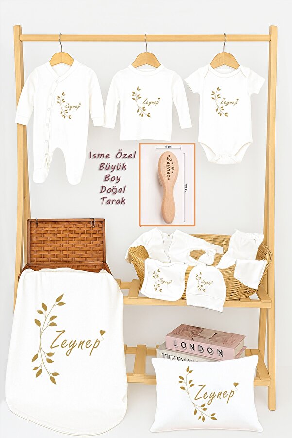 Sitilin Kız Bebek %100 Pamuk Organik Isim Baskılı Yenidoğan 11 Lu Hastane Çıkışı Fırça Bebek Hediye Seti