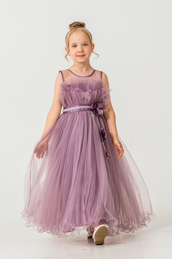 Mnk Baby&Kids Kız Çocuk Robası Katlı Özel Gün Abiye Elbise MNK0475 MÜRDÜM