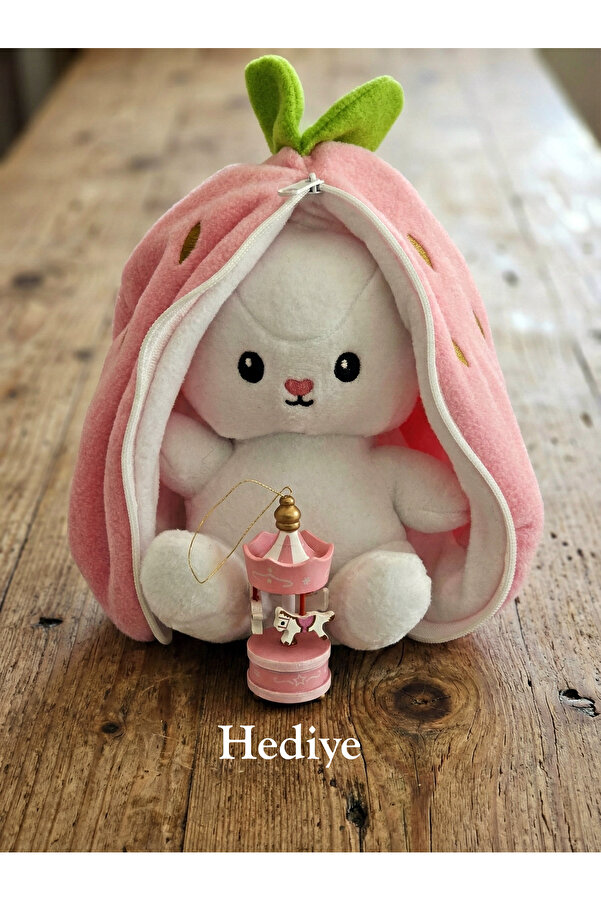 Collectors Store Sevgiliye , Doğum Gününe Özel Çilek Desenli Hediyelik Fermuarlı Peluş Tavşan