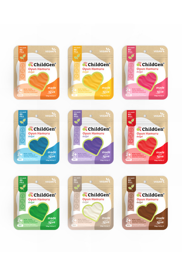 ChildGen Doğal Oyun Hamuru - 9’lu 9x125 Gram Vakumlu Kartuş Paket - (ecopack-refill)