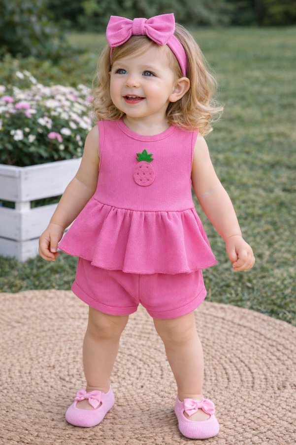 ues Baby Girl Pink Ribbed Shorts Set with Pineapple Pattern and Pink Ballerina Socks Set