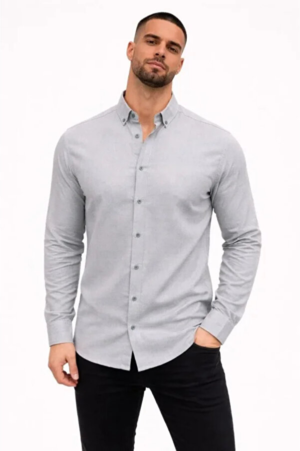 GETFAY Erkek KETEN Kumaş Oversize Uzun Kollu Rahat Kalıp Gömlek 10341-Boyalı Gri