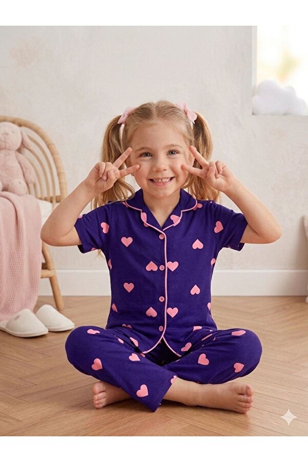 SERRASTIL Kız Çocuk Mor Renkli Kalp Desenli Pamuklu Kısa Kollu Pİjama Takımı