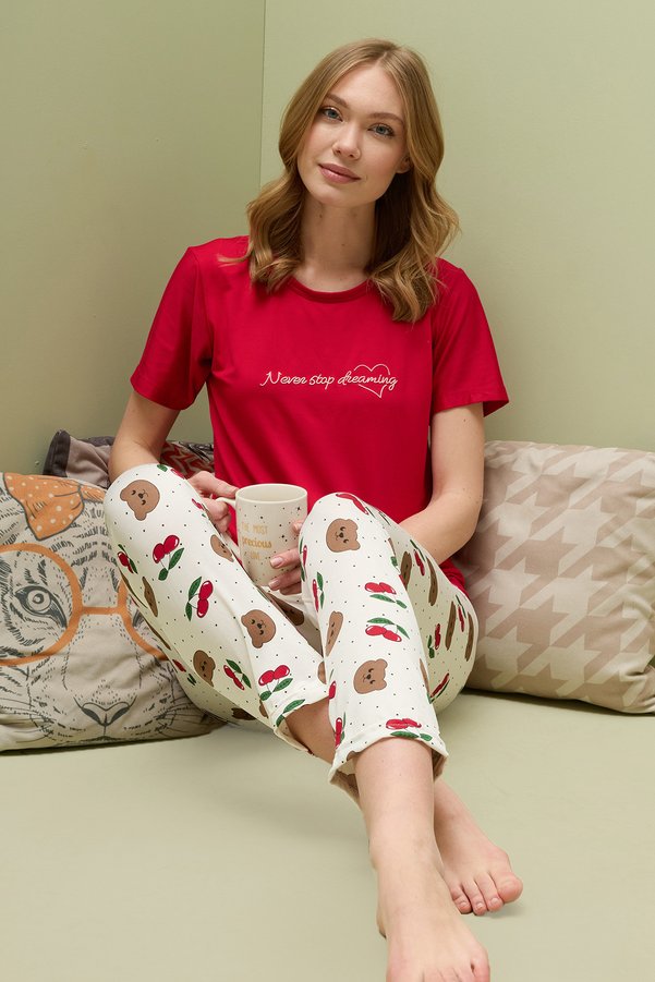 Fullamoda Cherry Patterned Crew Neck Pajama Set