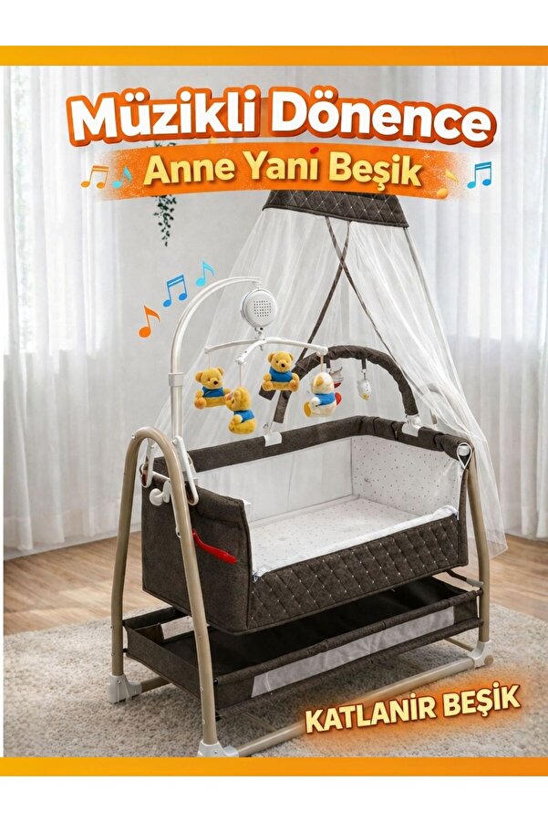 modabebekler Müzikli Dönenceli Anne Yanı Beşik Katlanır Sallanır Bebek Beşiği Yenidoğan Uyku Beşiği