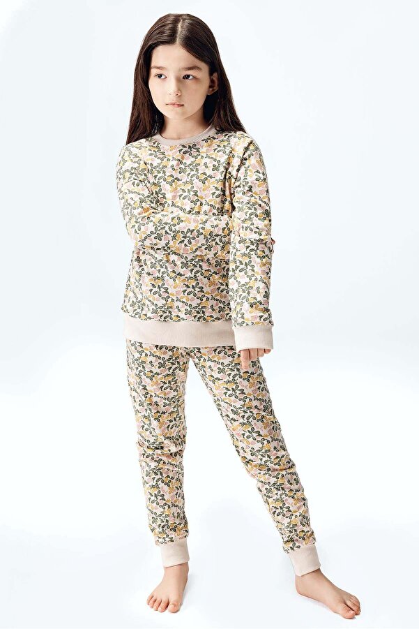 Brix Kız Çocuk İnterlok %100 Pamuk Pijama Takımı 7810 Bej Renk