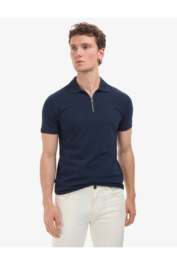 Pierre Cardin Navy Blue Slim Fit 100% Cotton Non-Curling Zippered Polo Collar Basic T-Shirt 50325311-Vr033