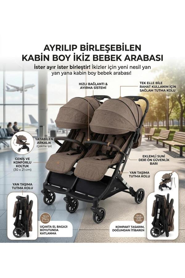 ÖYKÜ BEBEK DUNYASI Ayrılıp Birleşebilen Kabin Boy İkiz Bebek Arabası Seyahat Sistem Kışlık Ayak Örtüsü Ve Yağmurluk