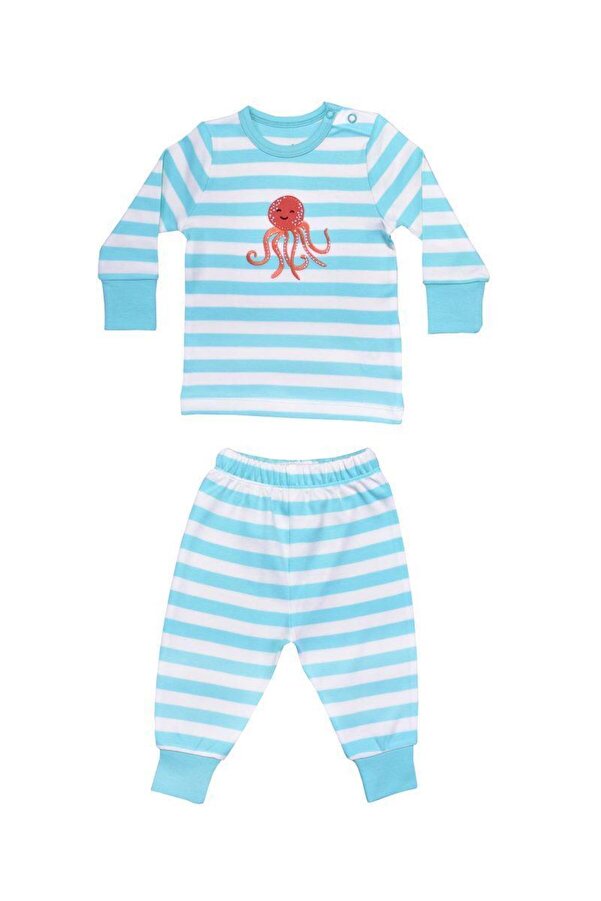 OrganicKid Ocean Bebek Mavi Çizgili Pijama Takımı