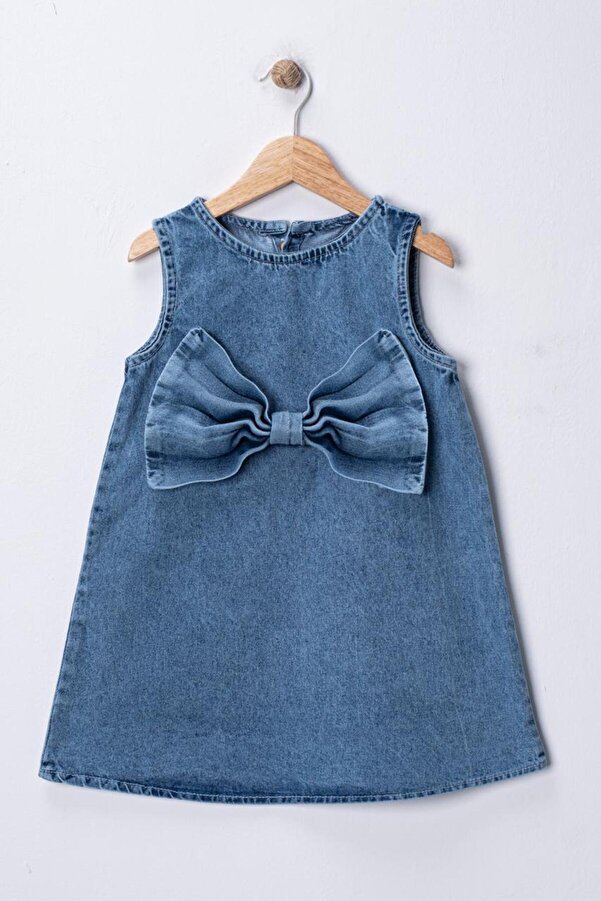 TİNY GOLDEN Kız Çocuk Kot Elbise Fiyonklu Denim Jile Günlük Elbise 3-10 Yaş