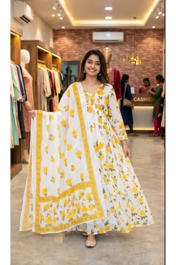 Genaric Women Floral Printed with embroidered Alia Cut Anarkali Dress with Dupatta, Premium Mal Mal Cotton