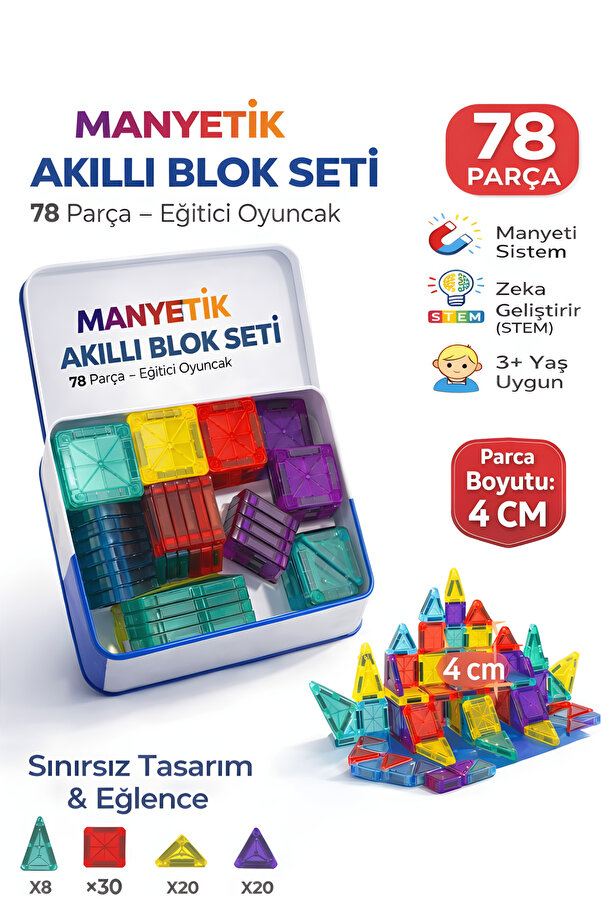 Masdala Egar Manyetik Akıllı Blok Seti 78 Parça Eğitici STEM Oyuncağı Yaratıcı Magnetler