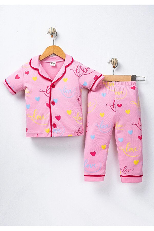 derin baby %100 Pamuk Kısa Kollu Düğmeli Yazlık Minik Renkli Kalp Love Desenli Unisex Bebek Çocuk Pijama Takımı