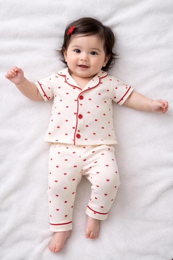 derin baby %100 Pamuk Kısa Kollu Düğmeli Yazlık Minik Kırmızı Kalpli Kız Bebek Çocuk Pijama Takımı