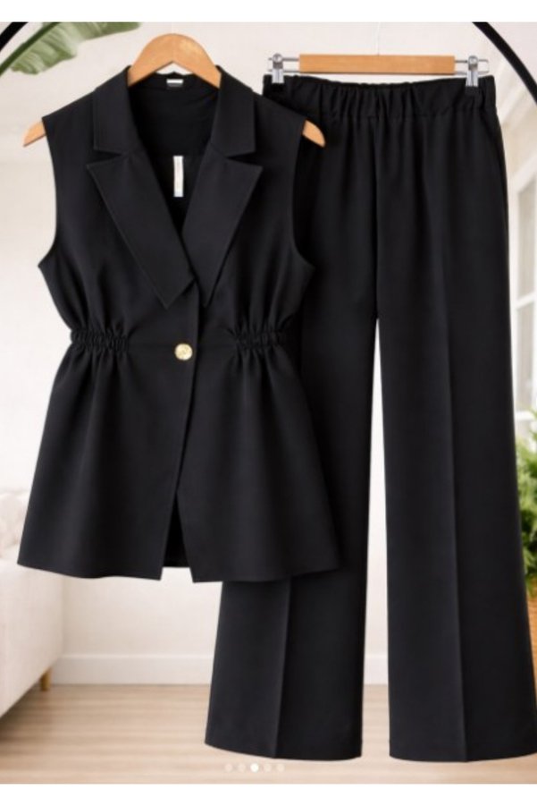 onlymoon Black Double Crepe Fabric Vest and Pants Set | Women's High Waist | Double Pocket | Modern Combination