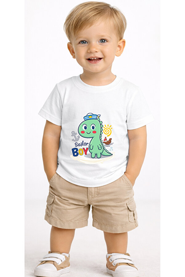 petite pati Beyaz Sailordino Bebek Tişört %100 Pamuk Penye Çocuk Tshirt Baskılı