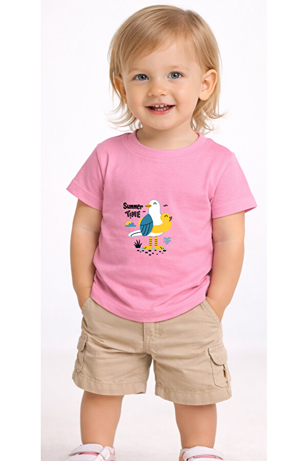 petite pati Pembe Summerbird Bebek Tişört %100 Pamuk Penye Çocuk Tshirt Baskılı