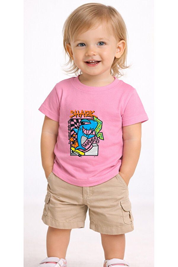 petite pati Pembe Sharkskate Bebek Tişört %100 Pamuk Penye Çocuk Tshirt Baskılı