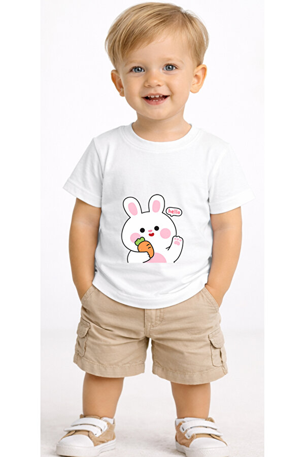 petite pati Beyaz Hellobunny Bebek Tişört %100 Pamuk Penye Çocuk Tshirt Baskılı