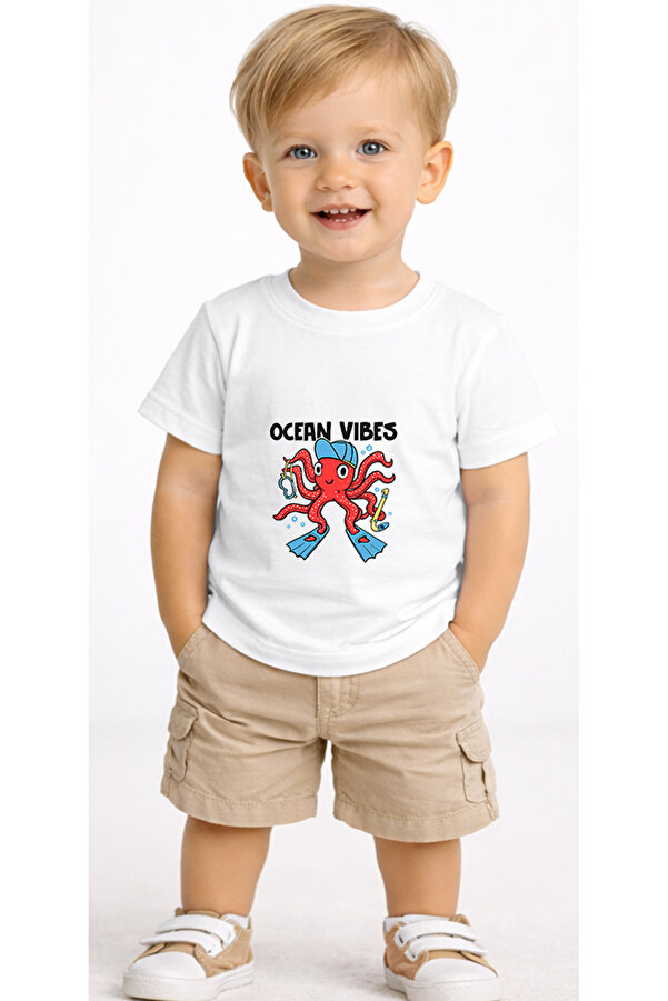 petite pati Beyaz Oceanvibes Bebek Tişört %100 Pamuk Penye Çocuk Tshirt Baskılı