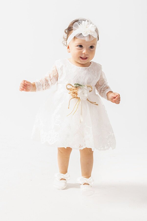 biyan collection Kız Bebek 0-6 Ay Gelinlik Elbise 5 Li Mevlütlük Set Uzun Kollu Fransız Dantelli Elbise