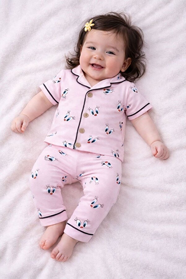 derin baby %100 Pamuk Kısa Kollu Düğmeli Yazlık Kız Erkek Unisex Tweety Bebek Çocuk Pijama Takımı