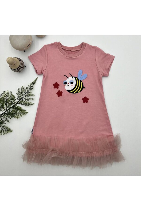 Dua Giyim 1-2-3 Yaş Arıcık Nakışlı Eteği Fırfırlı Jile Kız Çuk Elbisesi Gül Kurusu