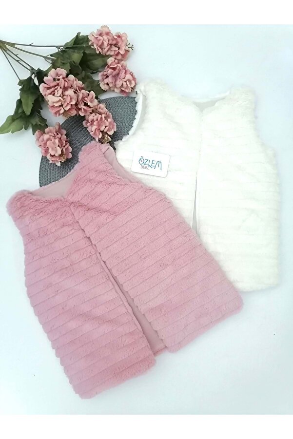 DİĞER1111 Elyaf Dolgulu Çizgili Doku Peluş Yelek Beyaz