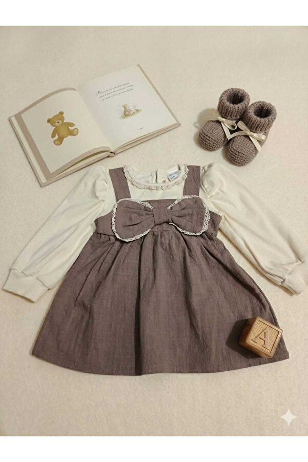Bupper FİYONKLU KAHVERENGİ KIZ BEBEK ELBİSE