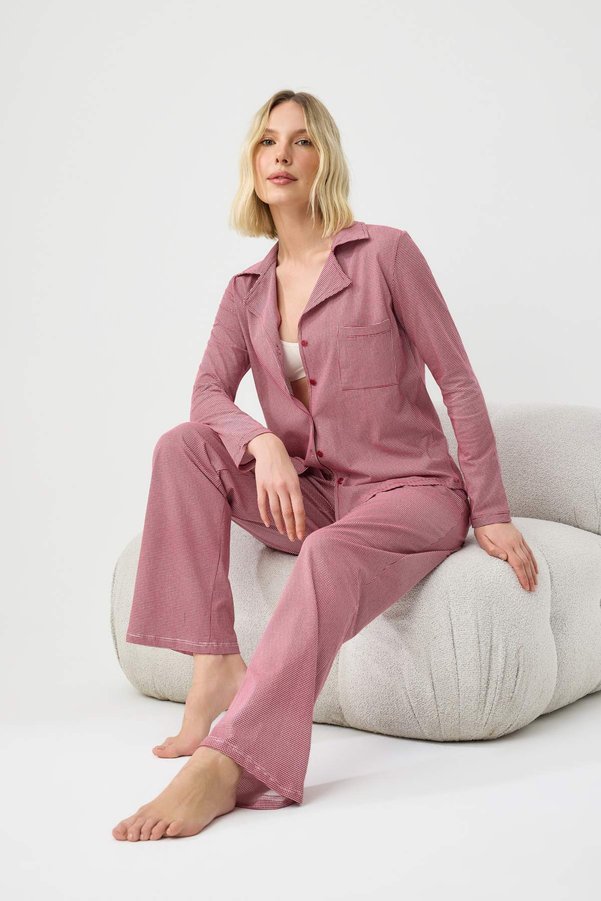 Trendyol Collection Burgundy 100% Cotton Gingham Knitted Pajamas Set Thmaw24Pt00247