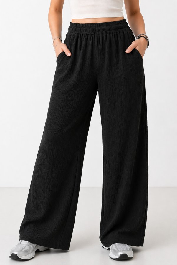 trendalisse Women's Black Elastic Waist Pocket Wide Leg Seasonal Trousers